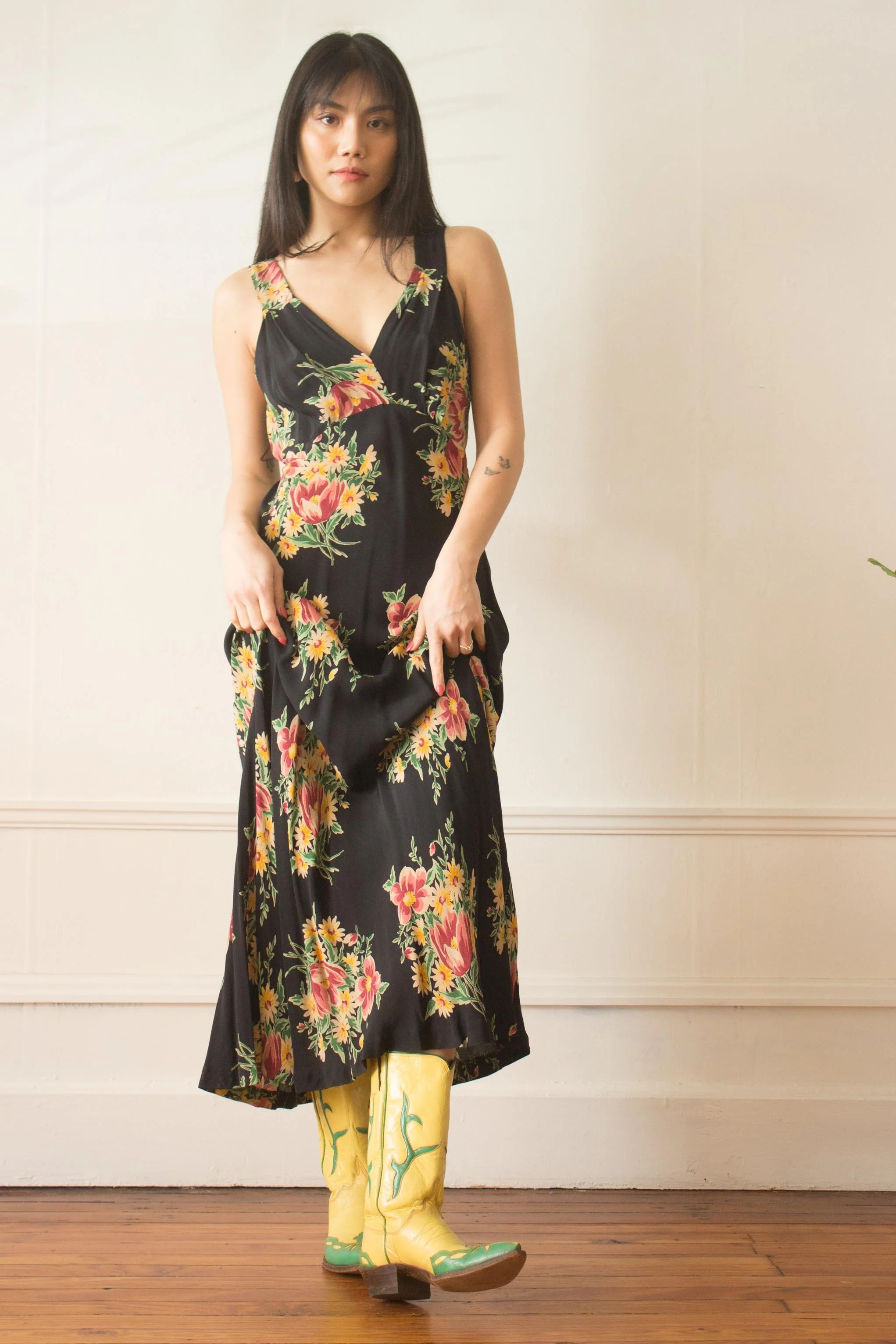 1990s Betsey Johnson Black Label Floral Print Bias Cut Slip Dress